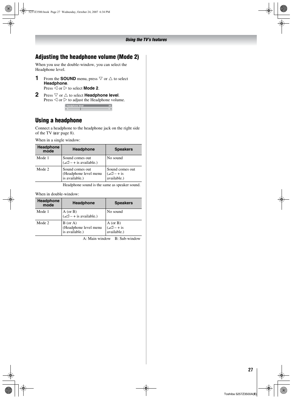 Adjusting the headphone volume (mode 2), Using a headphone | Toshiba VX1A00054000 User Manual | Page 27 / 36