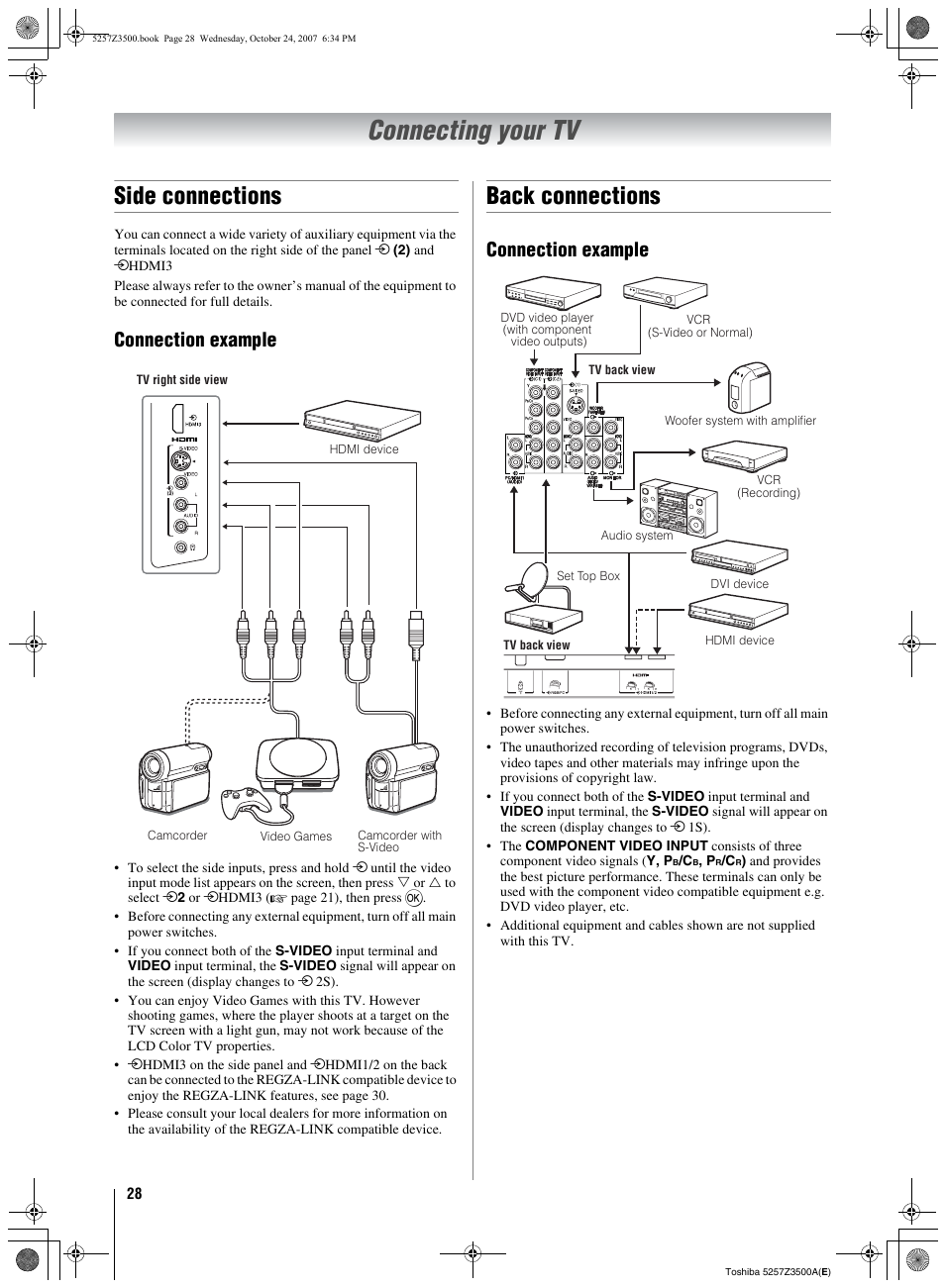 Connecting your tv, Side connections, Back connections | Connection example, 28) o | Toshiba VX1A00054000 User Manual | Page 28 / 36