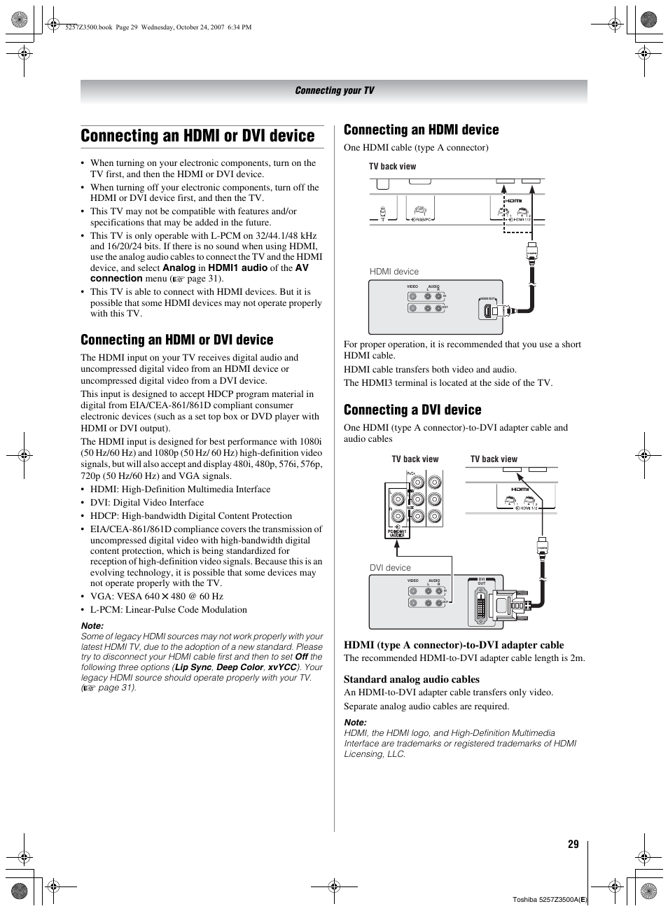 Connecting an hdmi or dvi device, Connecting an hdmi device, Connecting a dvi device | Hdmi (type a connector)-to-dvi adapter cable, Standard analog audio cables | Toshiba VX1A00054000 User Manual | Page 29 / 36