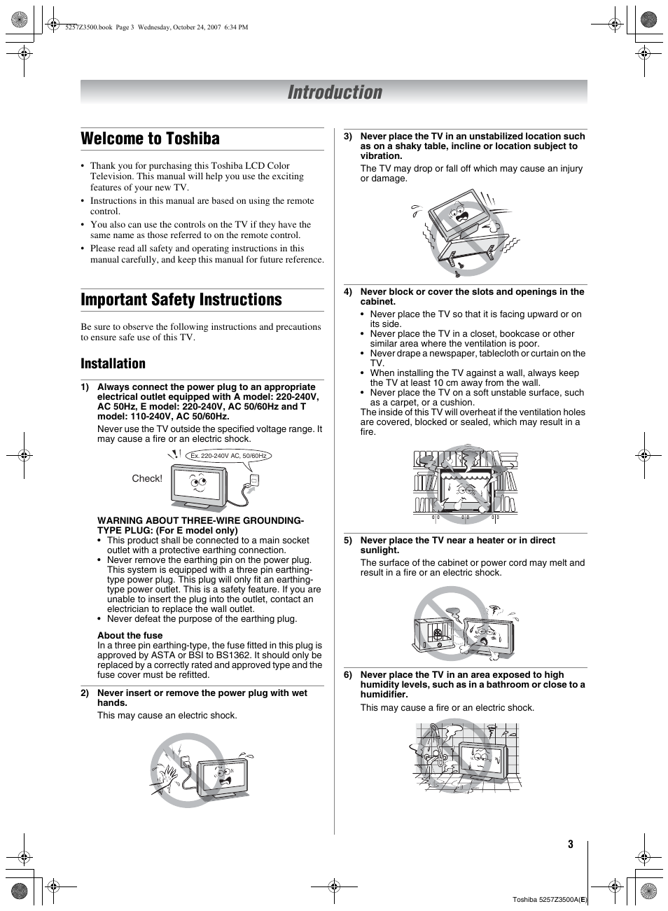 Introduction, Welcome to toshiba, Important safety instructions | Welcome to toshiba important safety instructions, Installation | Toshiba VX1A00054000 User Manual | Page 3 / 36