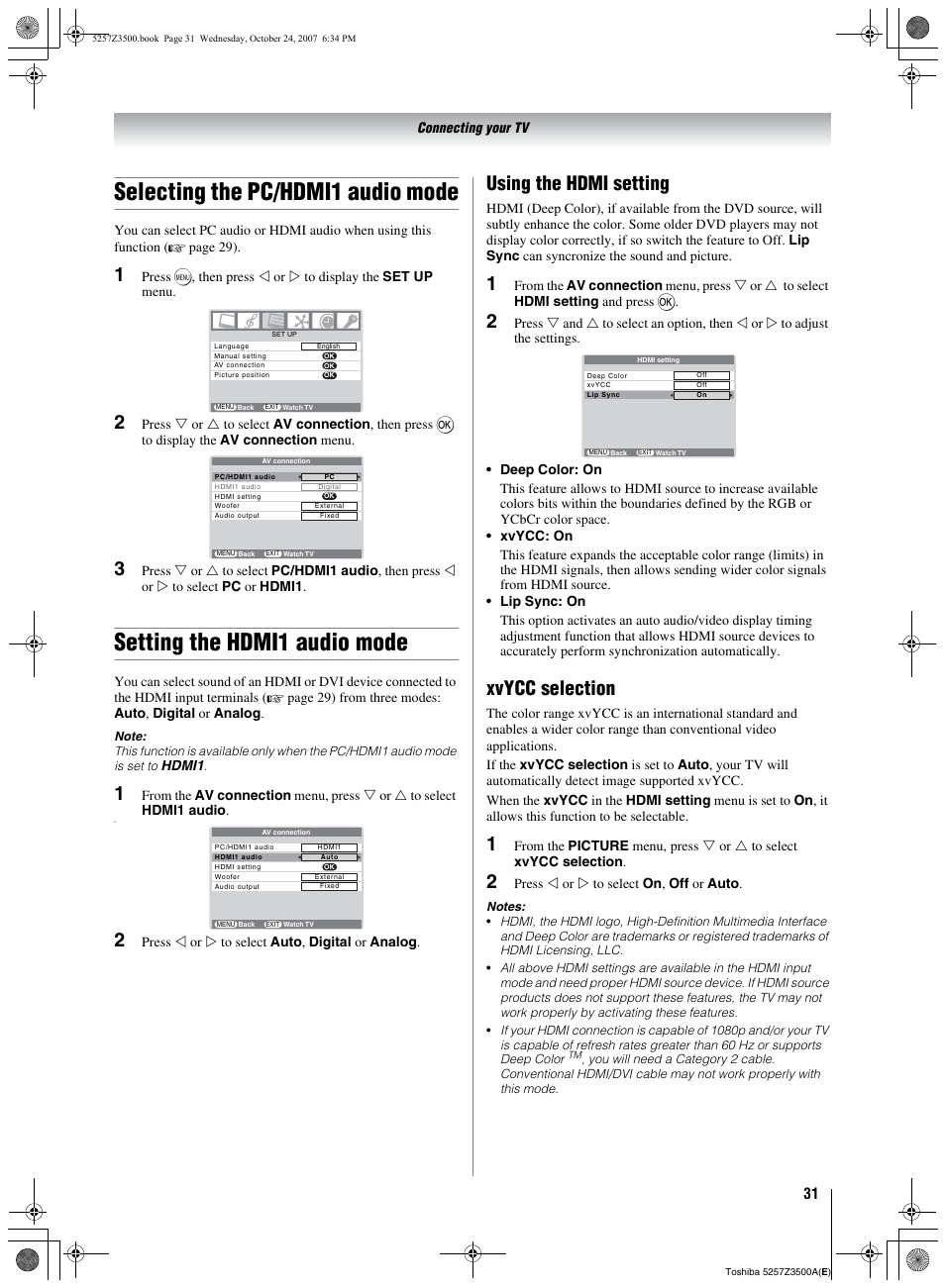 Selecting the pc/hdmi1 audio mode, Setting the hdmi1 audio mode, Using the hdmi setting xvycc selection | Using the hdmi setting, Xvycc selection | Toshiba VX1A00054000 User Manual | Page 31 / 36