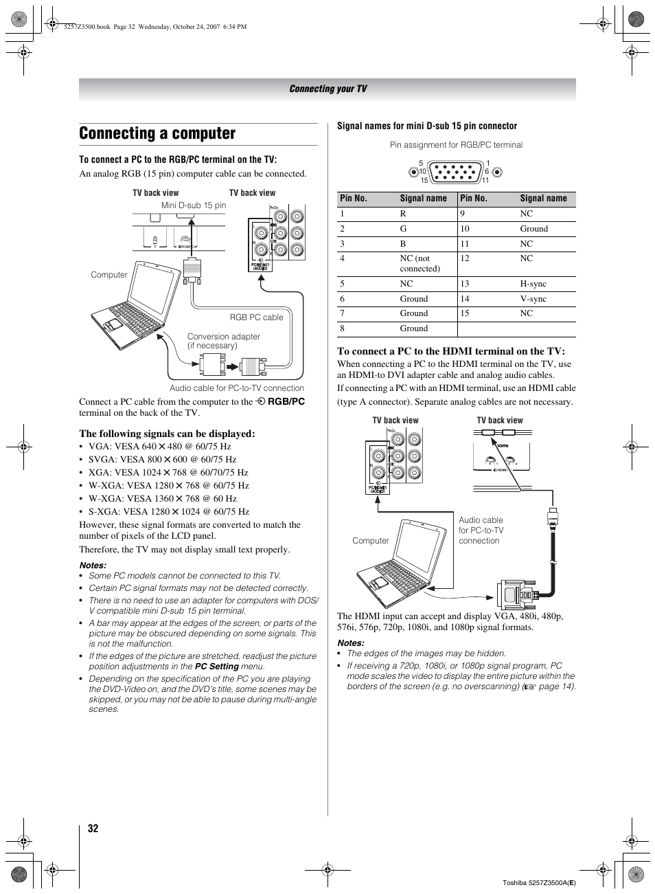 Connecting a computer | Toshiba VX1A00054000 User Manual | Page 32 / 36