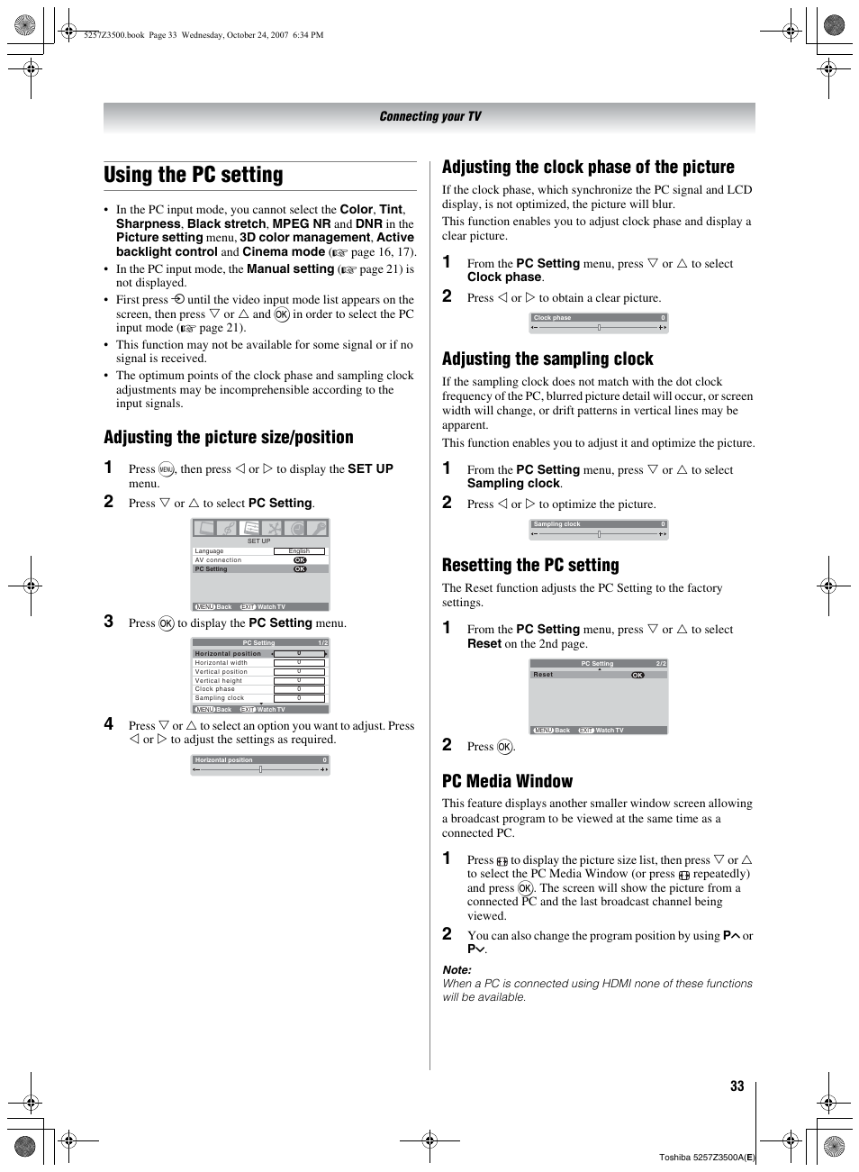 Using the pc setting, Adjusting the picture size/position 1, Adjusting the clock phase of the picture | Adjusting the sampling clock, Resetting the pc setting, Pc media window | Toshiba VX1A00054000 User Manual | Page 33 / 36