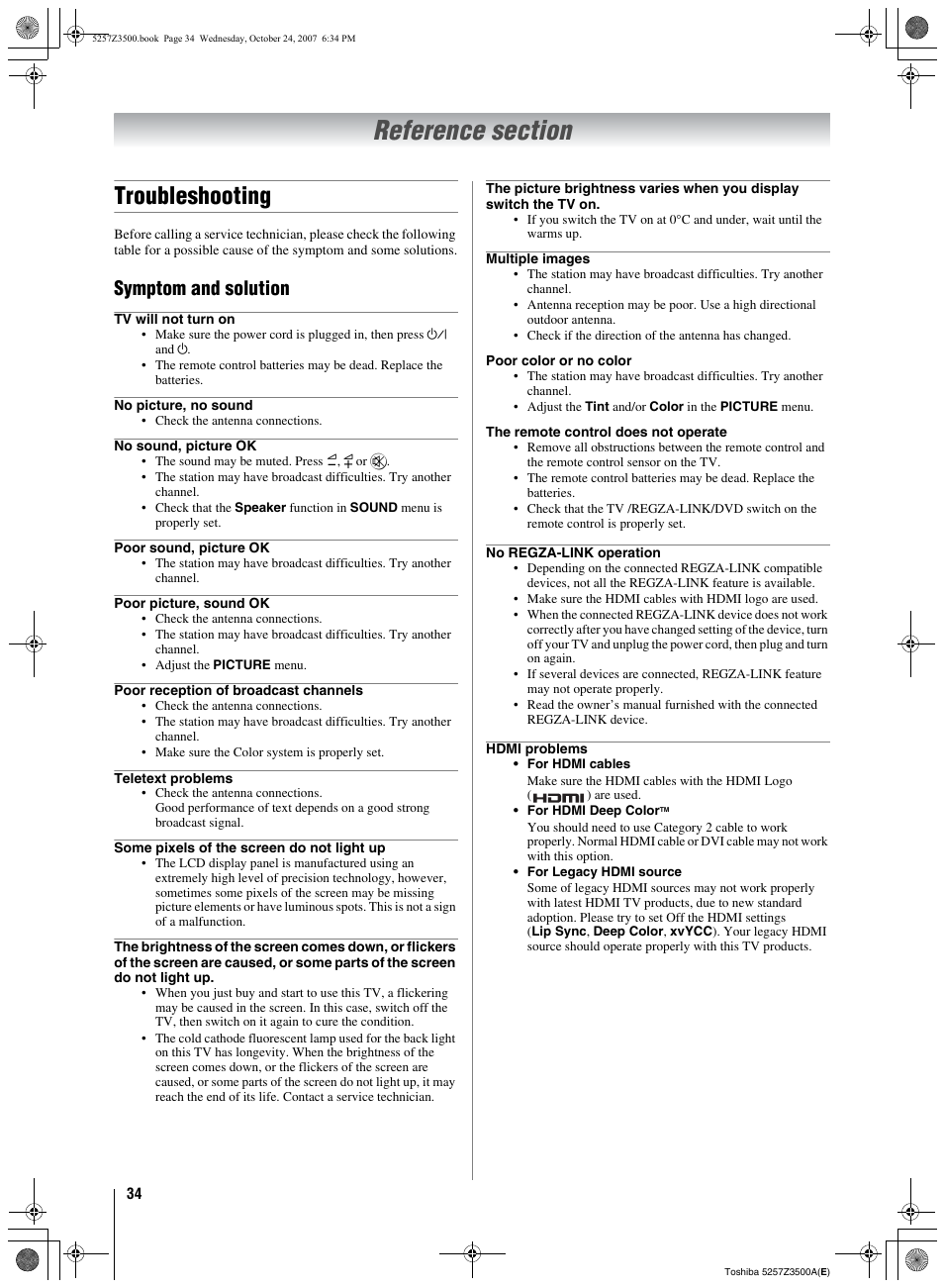 Reference section, Troubleshooting, Symptom and solution | Toshiba VX1A00054000 User Manual | Page 34 / 36