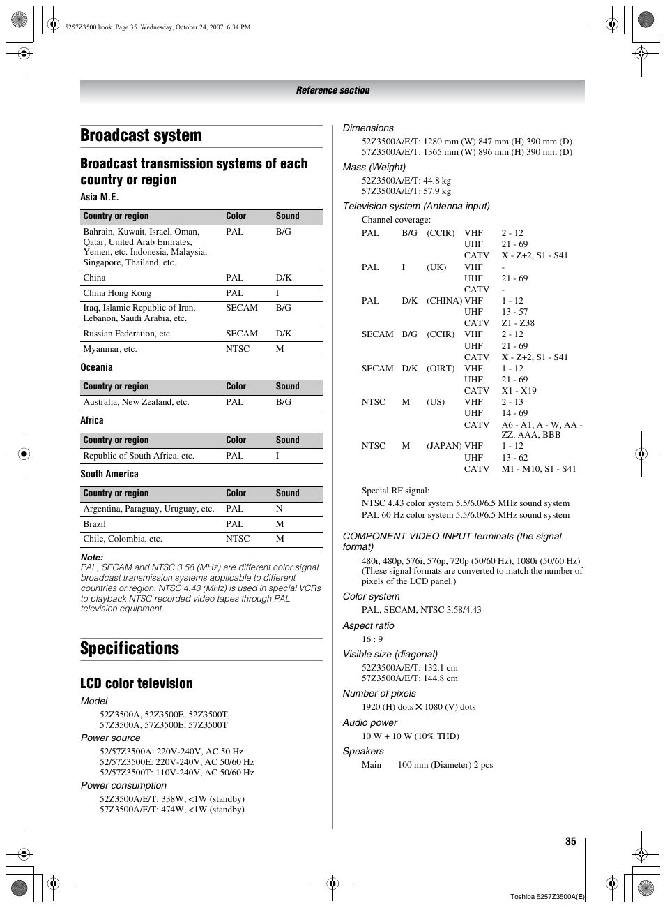 Broadcast system, Specifications, Broadcast transmission systems of each country or | Region, Lcd color television | Toshiba VX1A00054000 User Manual | Page 35 / 36