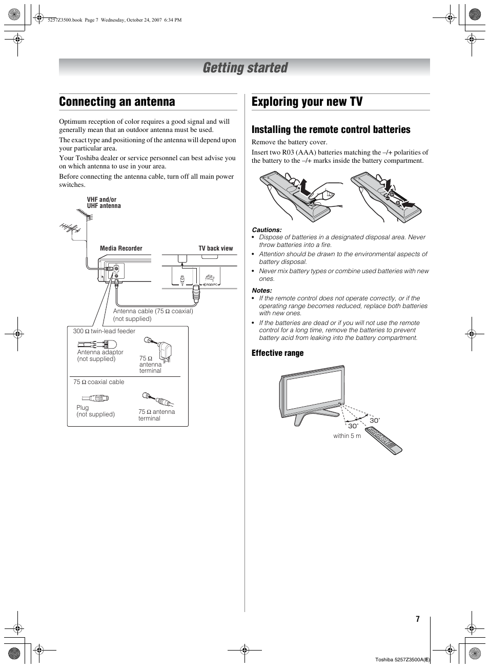 Getting started, Connecting an antenna, Exploring your new tv | Connecting an antenna exploring your new tv, Installing the remote control batteries | Toshiba VX1A00054000 User Manual | Page 7 / 36