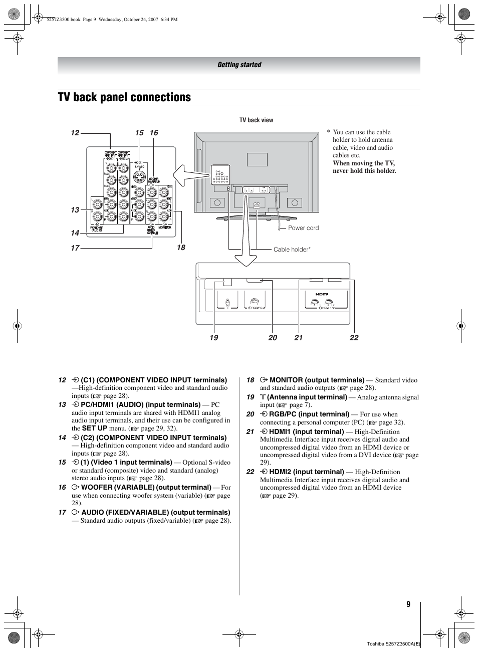 Tv back panel connections | Toshiba VX1A00054000 User Manual | Page 9 / 36