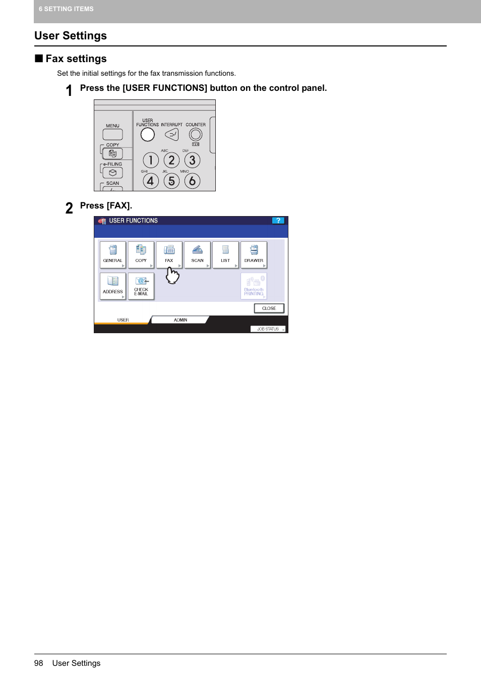 User settings, Fax settings | Toshiba GD-1250 User Manual | Page 100 / 120