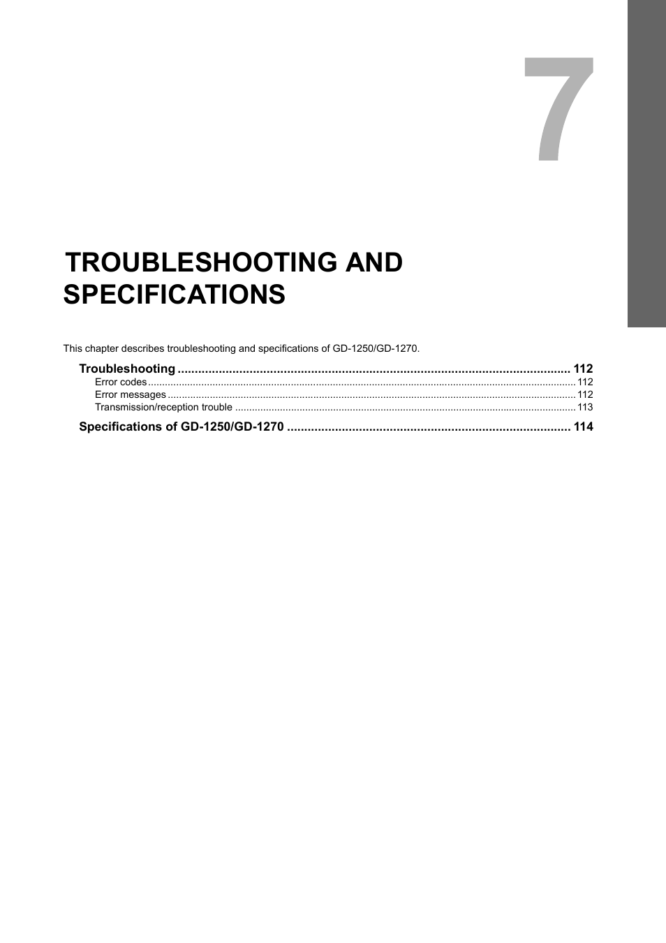 Troubleshooting and specifications, Chapter 7 | Toshiba GD-1250 User Manual | Page 113 / 120