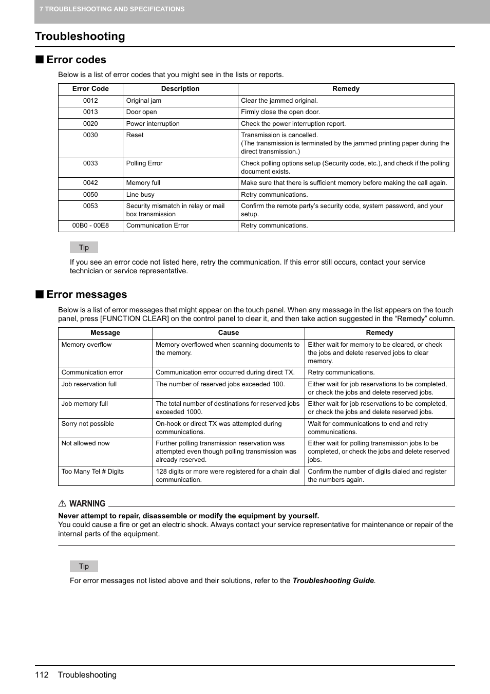 Troubleshooting, Error codes, Error messages | Error codes error messages, P.112 “error codes | Toshiba GD-1250 User Manual | Page 114 / 120