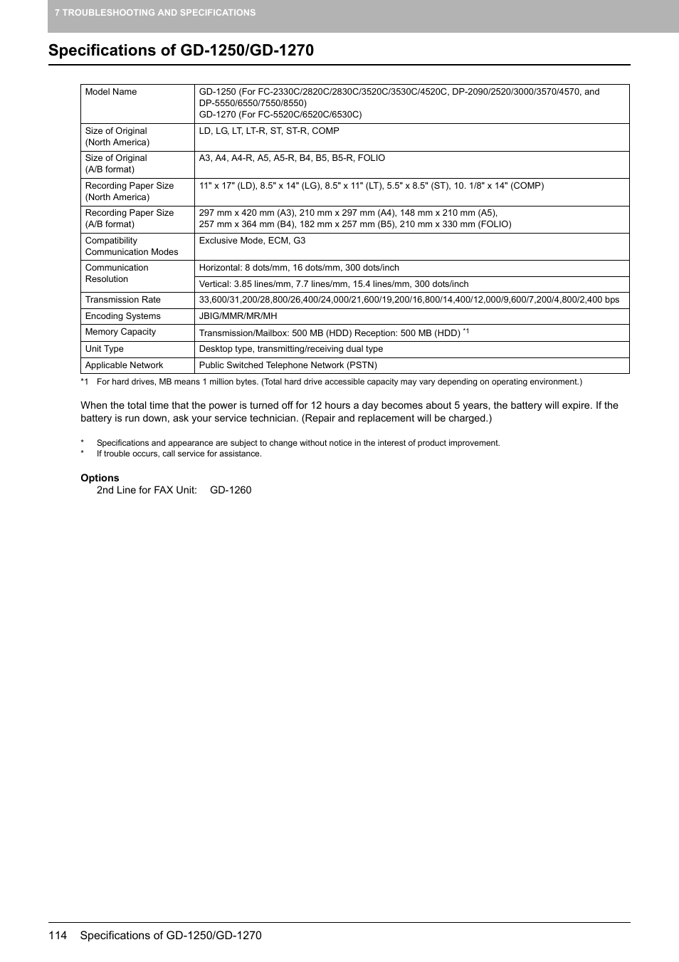 Specifications of gd-1250/gd-1270 | Toshiba GD-1250 User Manual | Page 116 / 120