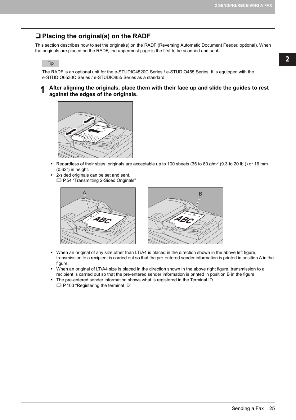 Placing the original(s) on the radf | Toshiba GD-1250 User Manual | Page 27 / 120