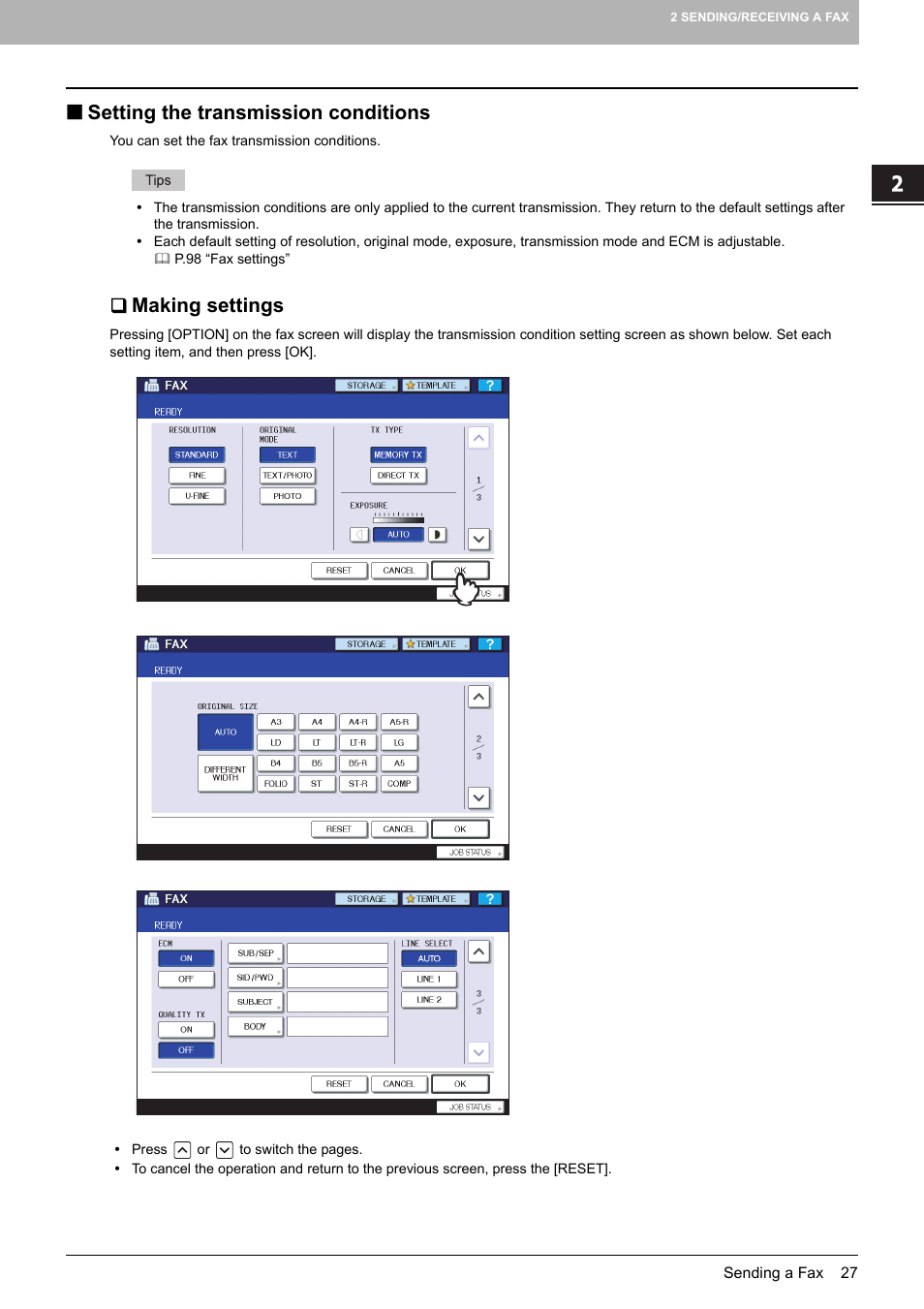 Setting the transmission conditions, Making settings, P.27 “setting the transmission conditions | Toshiba GD-1250 User Manual | Page 29 / 120