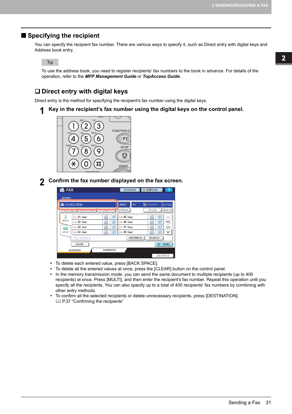 Specifying the recipient, Direct entry with digital keys, P.31 “specifying the recipient | Toshiba GD-1250 User Manual | Page 33 / 120