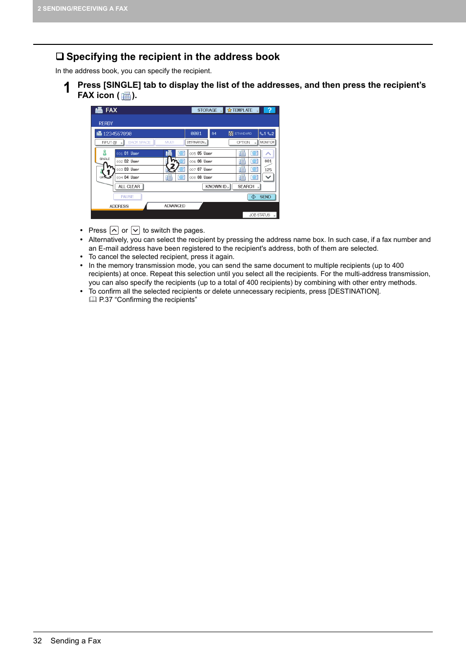 Specifying the recipient in the address book | Toshiba GD-1250 User Manual | Page 34 / 120