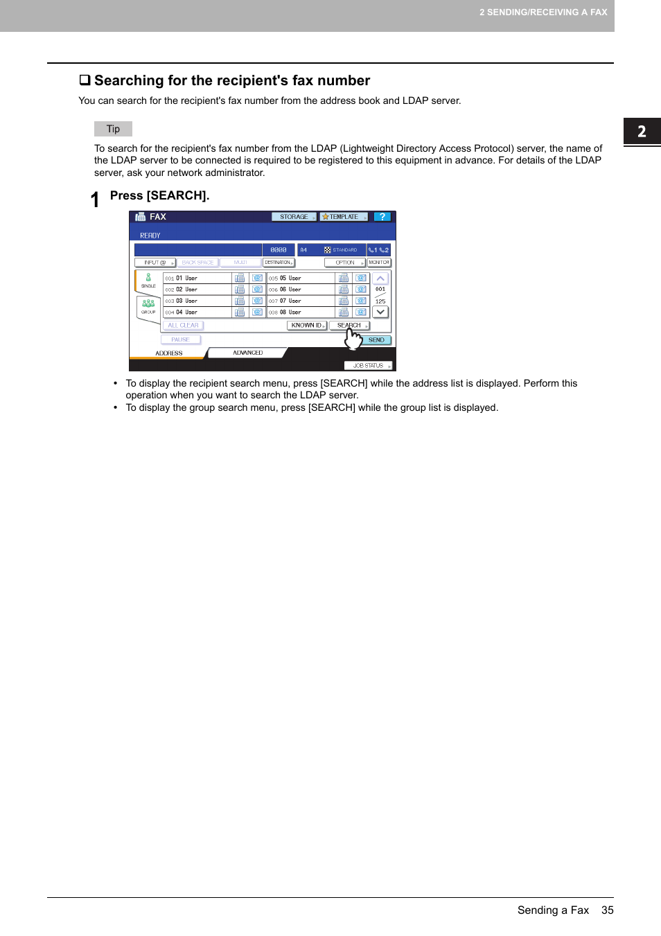 Searching for the recipient's fax number | Toshiba GD-1250 User Manual | Page 37 / 120