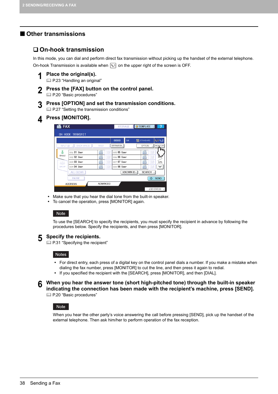 Other transmissions, On-hook transmission, P.38 “other transmissions | Toshiba GD-1250 User Manual | Page 40 / 120