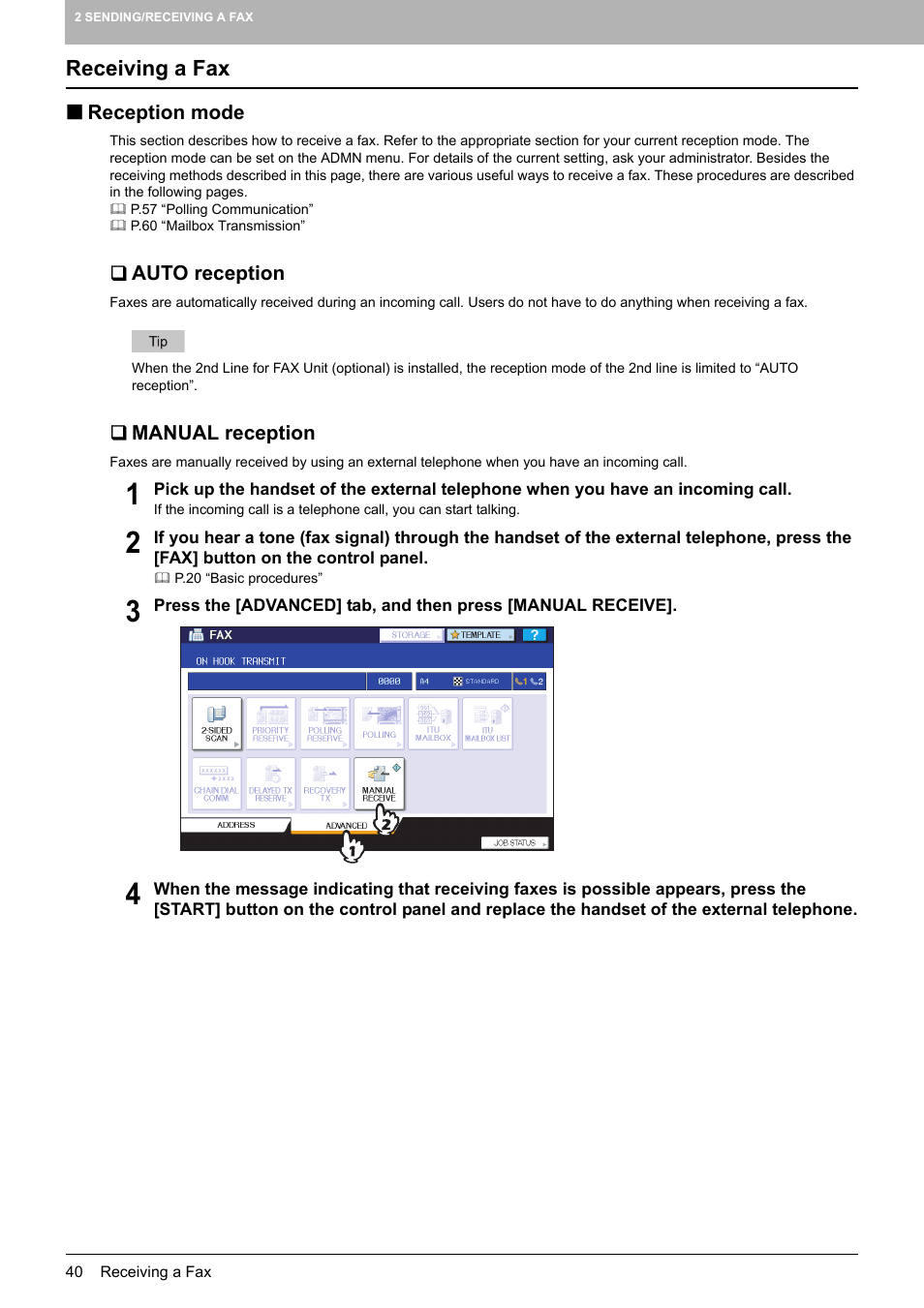 Receiving a fax, Reception mode, Auto reception | Manual reception | Toshiba GD-1250 User Manual | Page 42 / 120