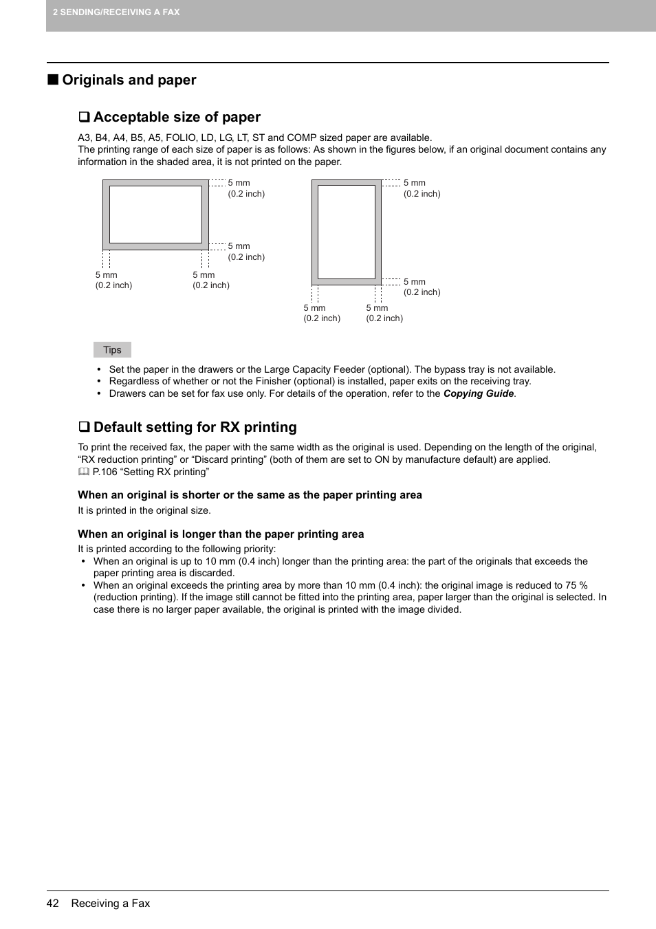 Originals and paper, Acceptable size of paper, Default setting for rx printing | Originals and paper  acceptable size of paper | Toshiba GD-1250 User Manual | Page 44 / 120