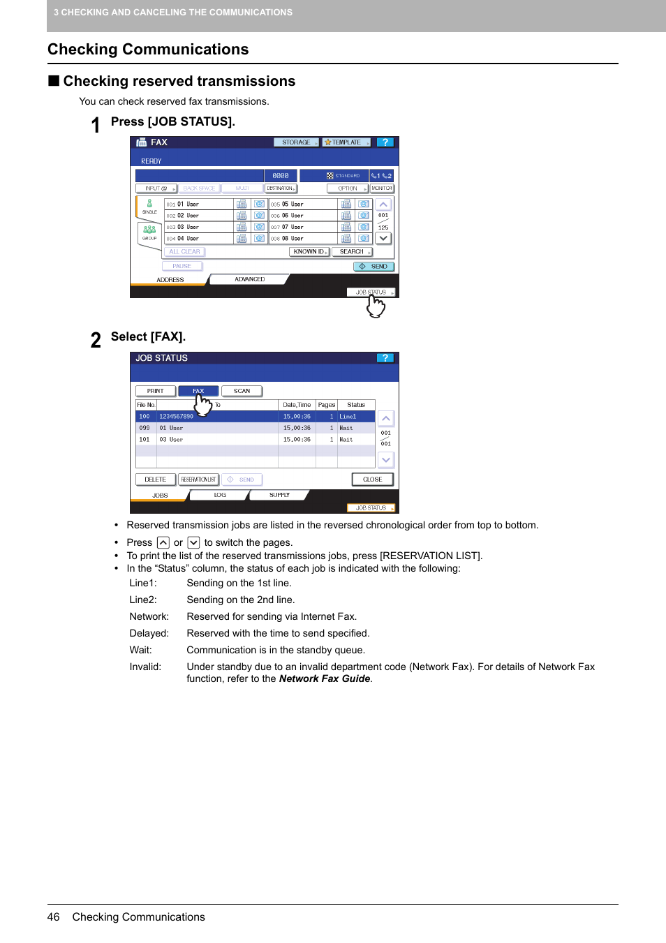 Checking communications, Checking reserved transmissions | Toshiba GD-1250 User Manual | Page 48 / 120