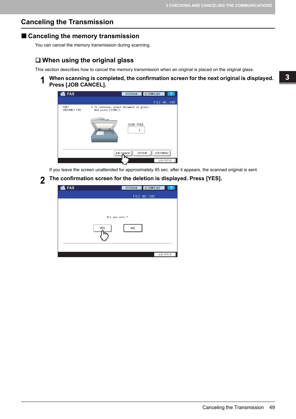 Canceling the transmission, Canceling the memory transmission, When using the original glass | P.49 “canceling the memory transmission | Toshiba GD-1250 User Manual | Page 51 / 120