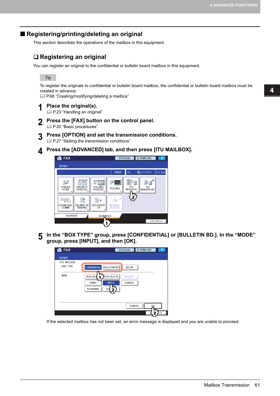 Registering/printing/deleting an original, Registering an original | Toshiba GD-1250 User Manual | Page 63 / 120