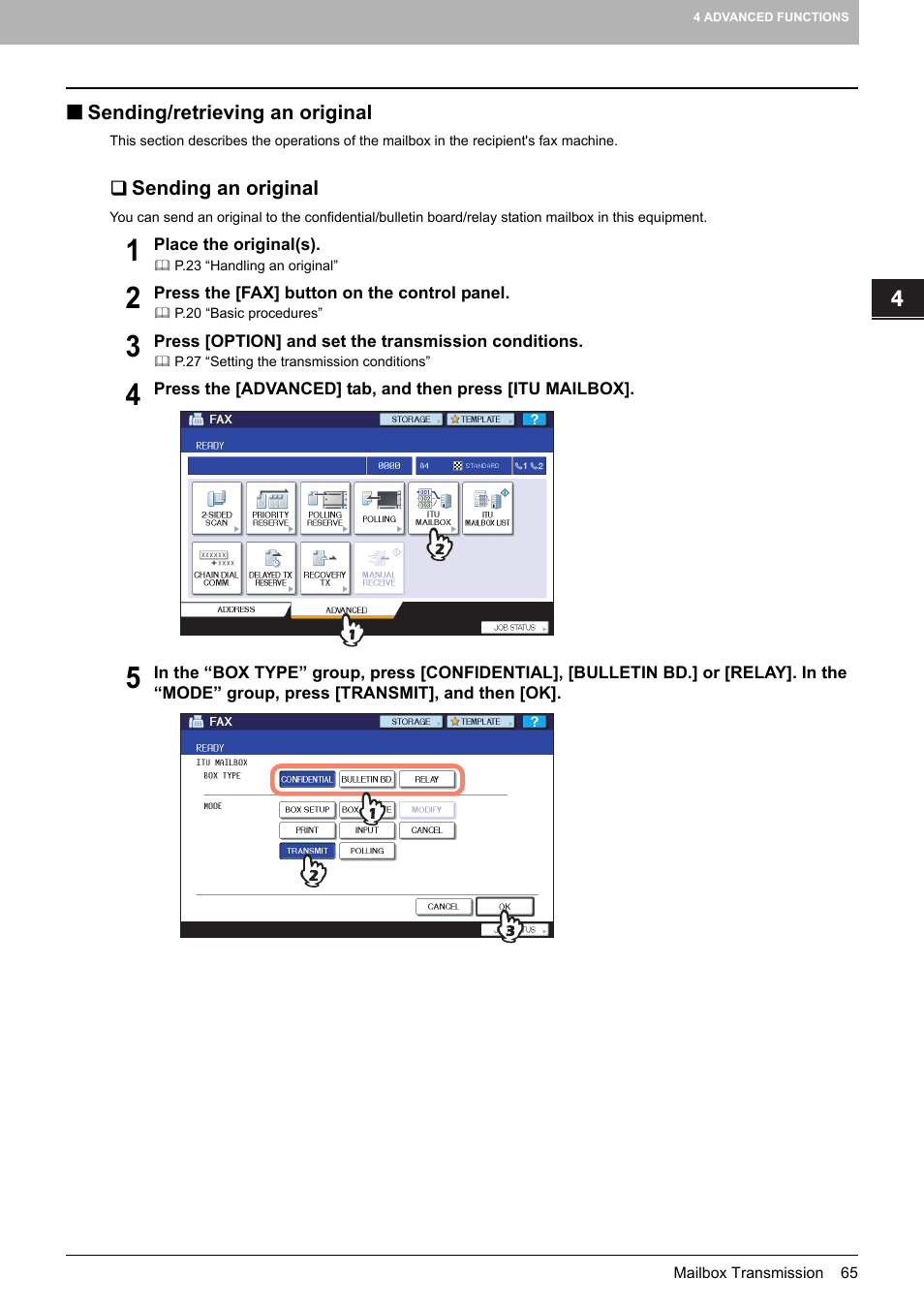 Sending/retrieving an original, Sending an original | Toshiba GD-1250 User Manual | Page 67 / 120