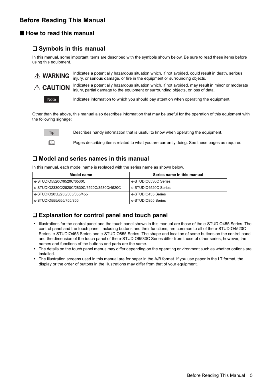 Before reading this manual, How to read this manual, Symbols in this manual | Model and series names in this manual, Explanation for control panel and touch panel, How to read this manual  symbols in this manual | Toshiba GD-1250 User Manual | Page 7 / 120