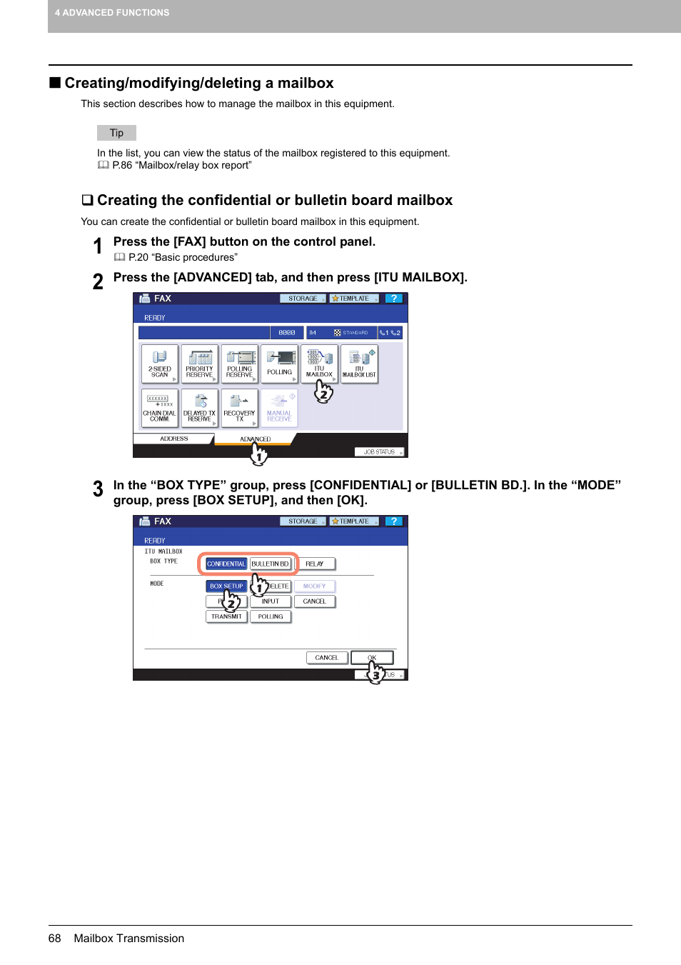 Creating/modifying/deleting a mailbox, P.68 “creating/modifying/deleting a mailbox | Toshiba GD-1250 User Manual | Page 70 / 120