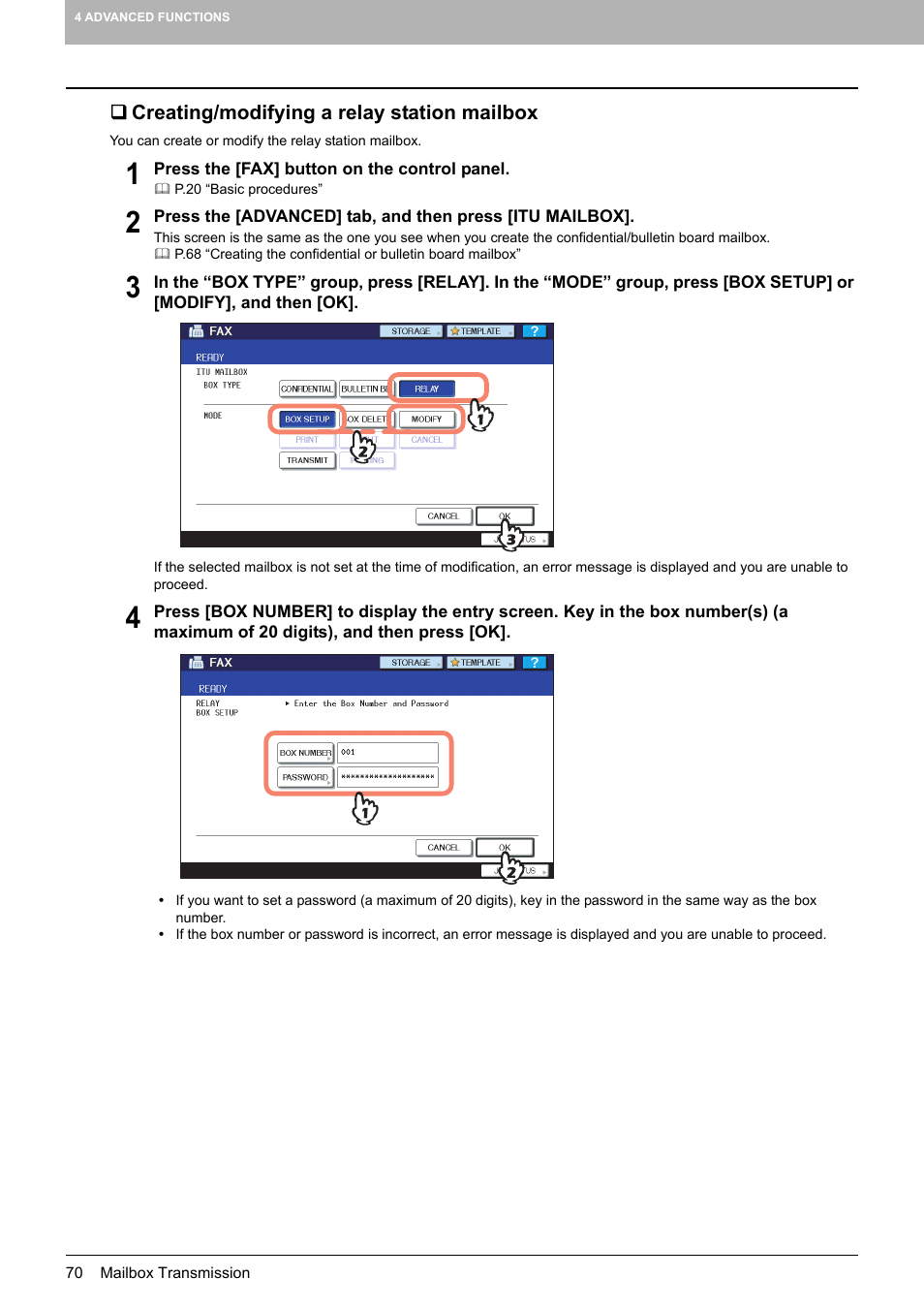 Creating/modifying a relay station mailbox | Toshiba GD-1250 User Manual | Page 72 / 120