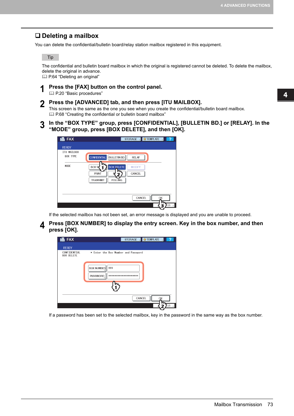 Deleting a mailbox | Toshiba GD-1250 User Manual | Page 75 / 120