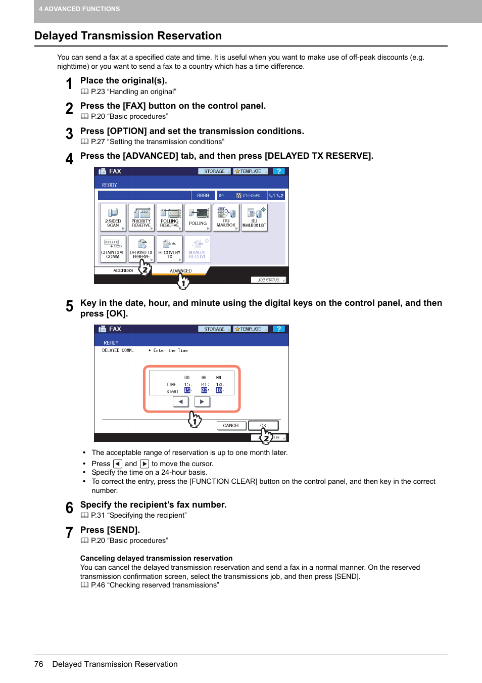 Delayed transmission reservation, P.76 “delayed transmission reservation | Toshiba GD-1250 User Manual | Page 78 / 120