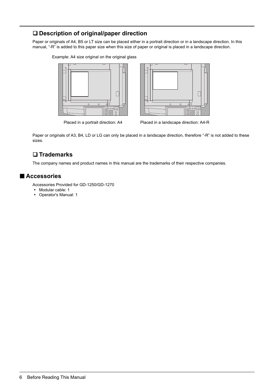 Description of original/paper direction, Trademarks, Accessories | Toshiba GD-1250 User Manual | Page 8 / 120