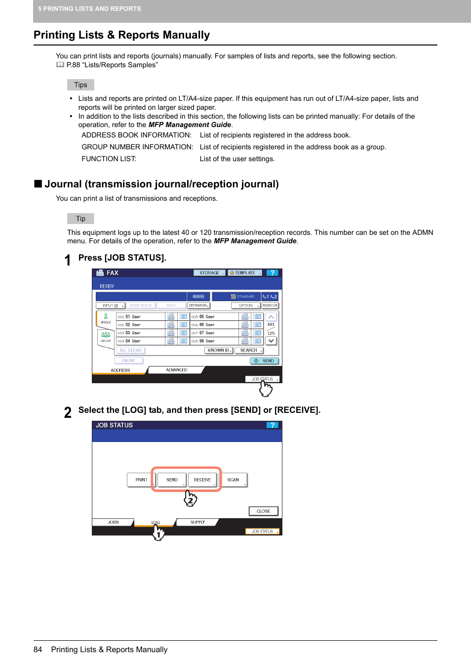 Printing lists & reports manually, Journal (transmission journal/reception journal) | Toshiba GD-1250 User Manual | Page 86 / 120