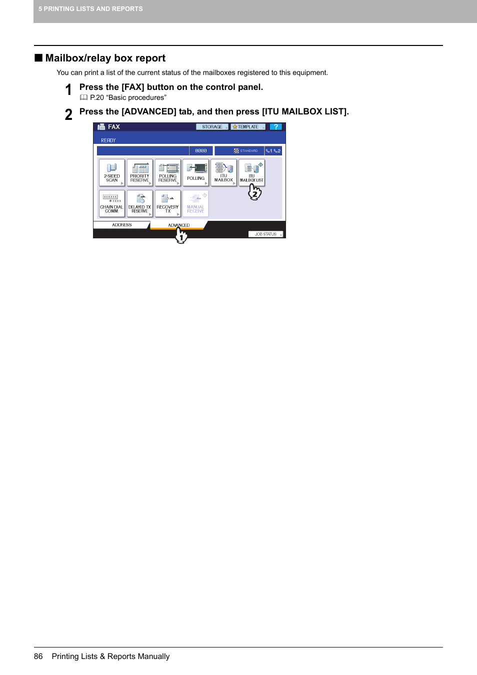 Mailbox/relay box report, P.86 “mailbox/relay box report | Toshiba GD-1250 User Manual | Page 88 / 120