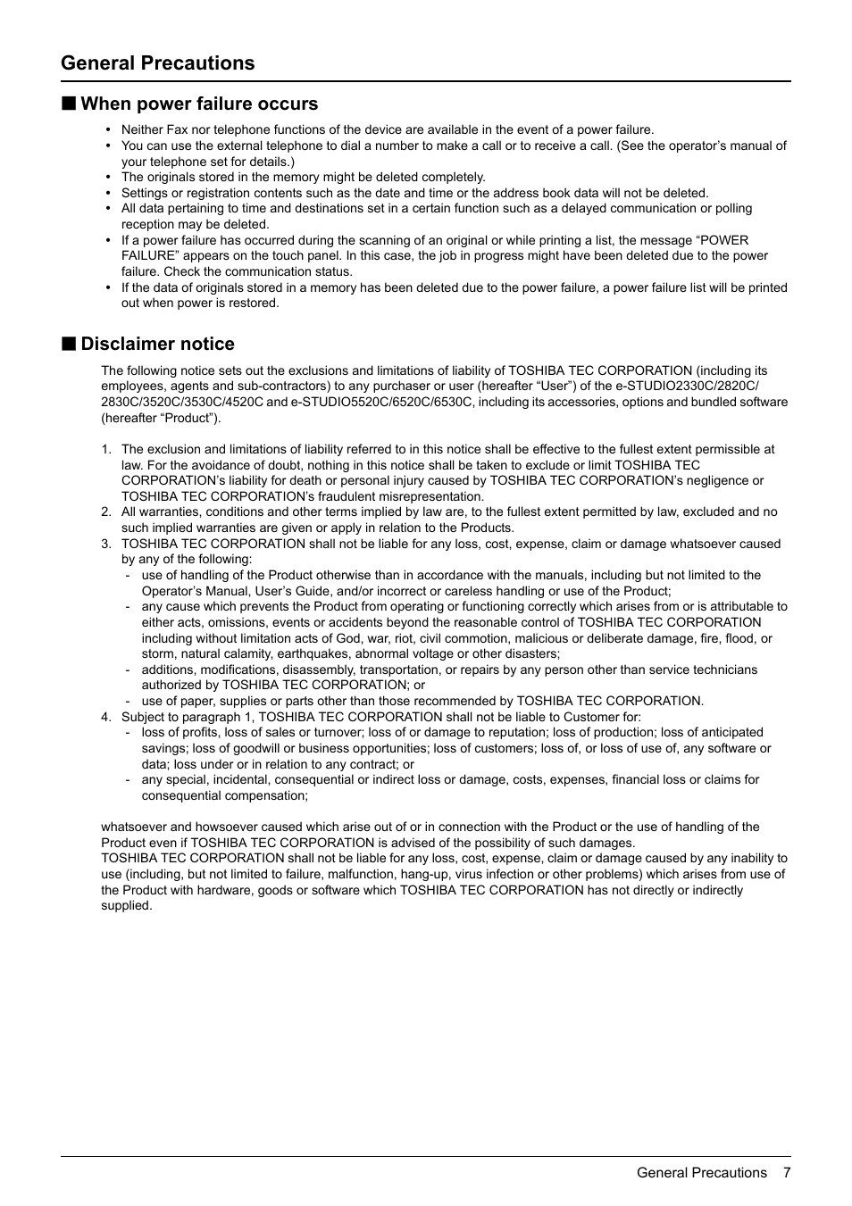 General precautions, When power failure occurs, Disclaimer notice | Toshiba GD-1250 User Manual | Page 9 / 120