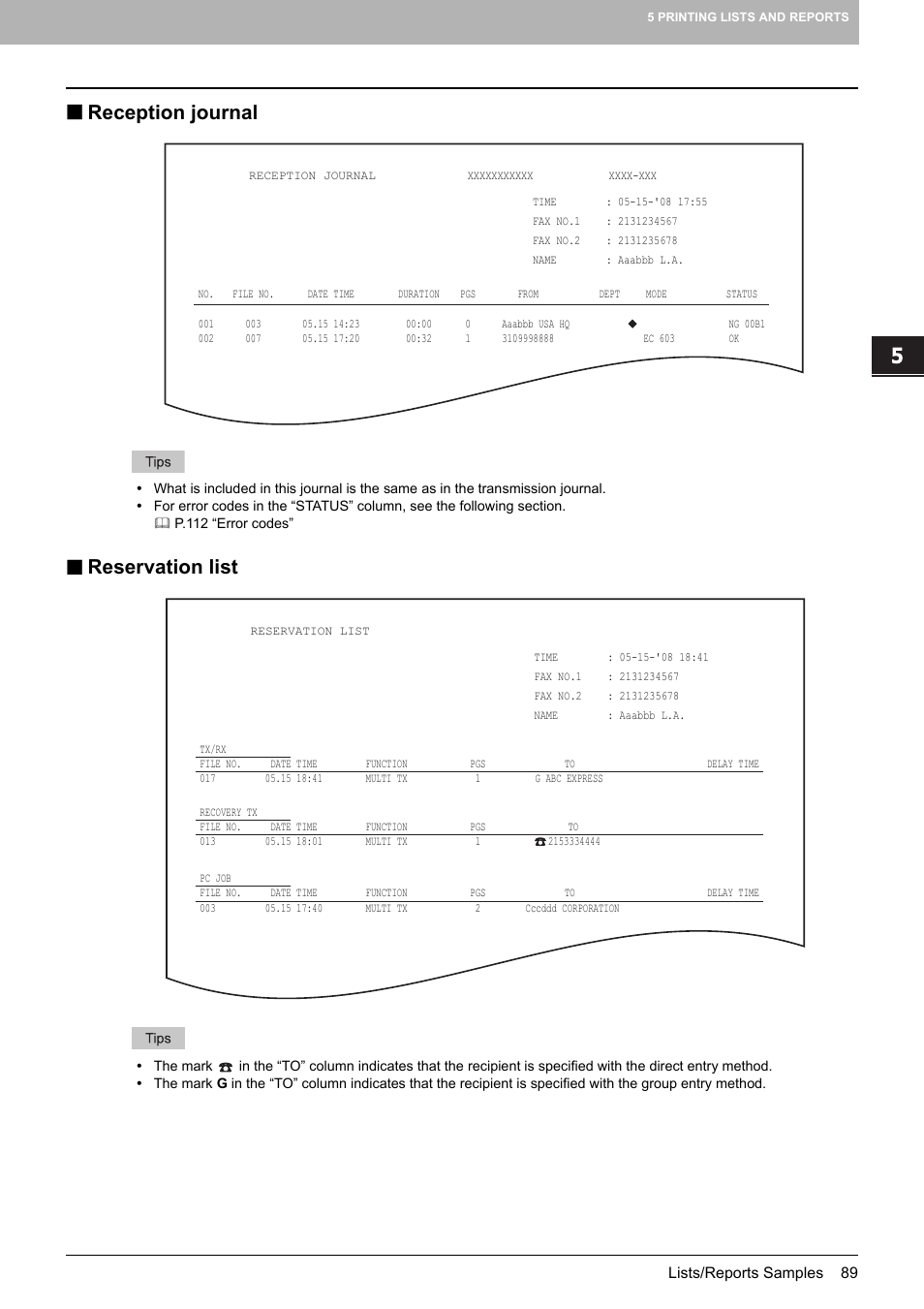 Reception journal, Reservation list, Reception journal reservation list | Toshiba GD-1250 User Manual | Page 91 / 120