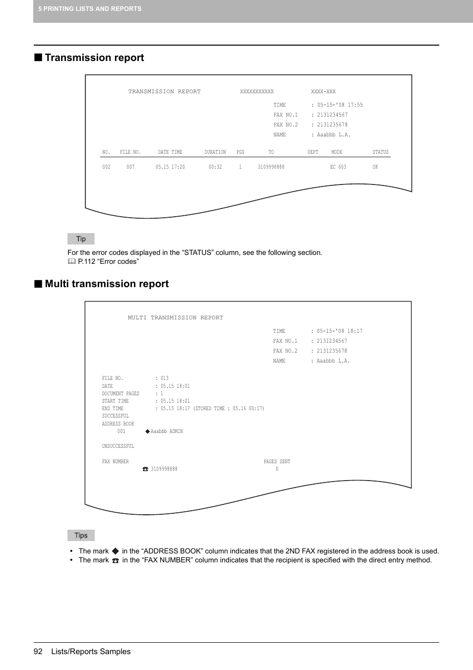 Transmission report, Multi transmission report, Transmission report multi transmission report | Toshiba GD-1250 User Manual | Page 94 / 120