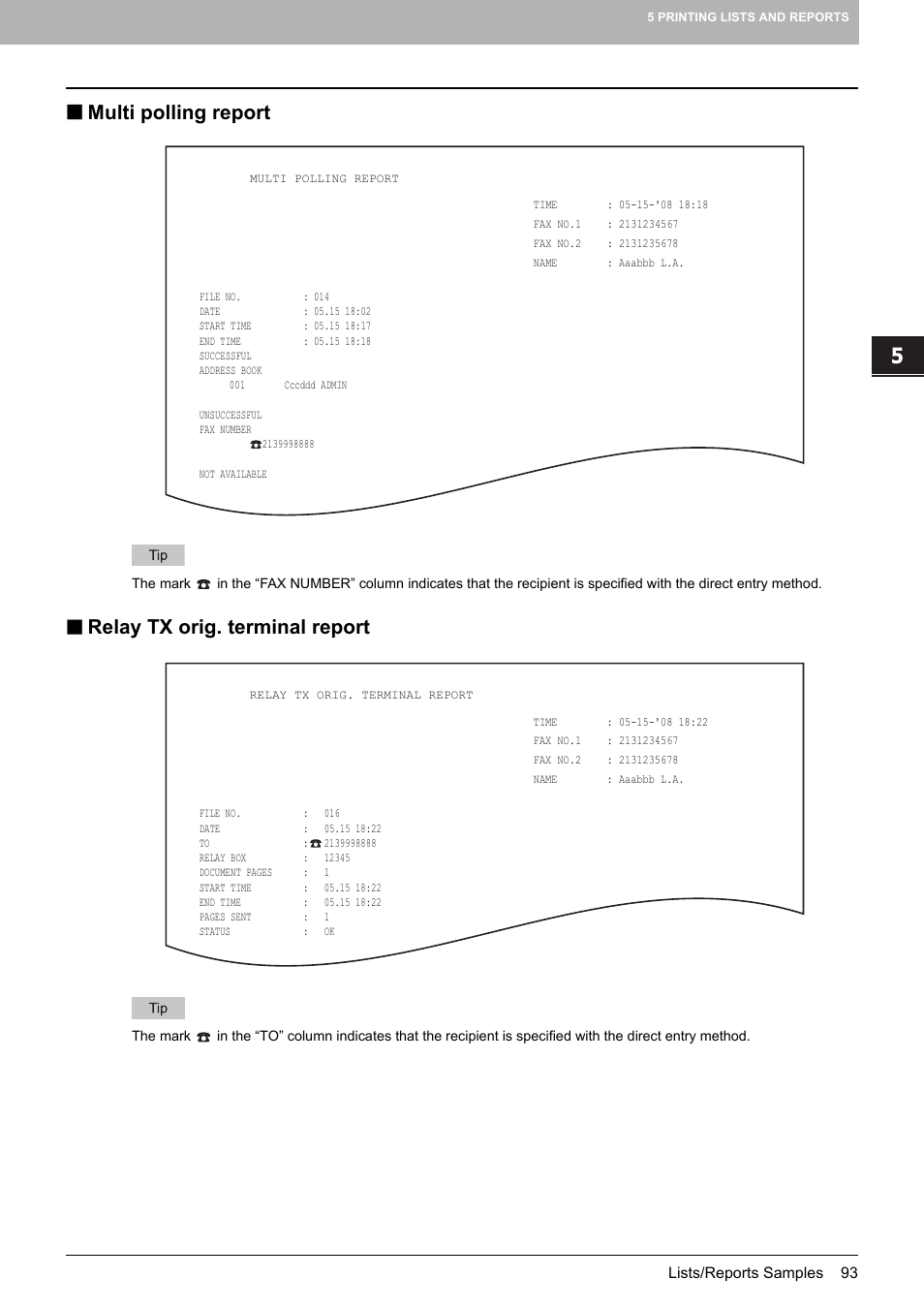 Multi polling report, Relay tx orig. terminal report | Toshiba GD-1250 User Manual | Page 95 / 120