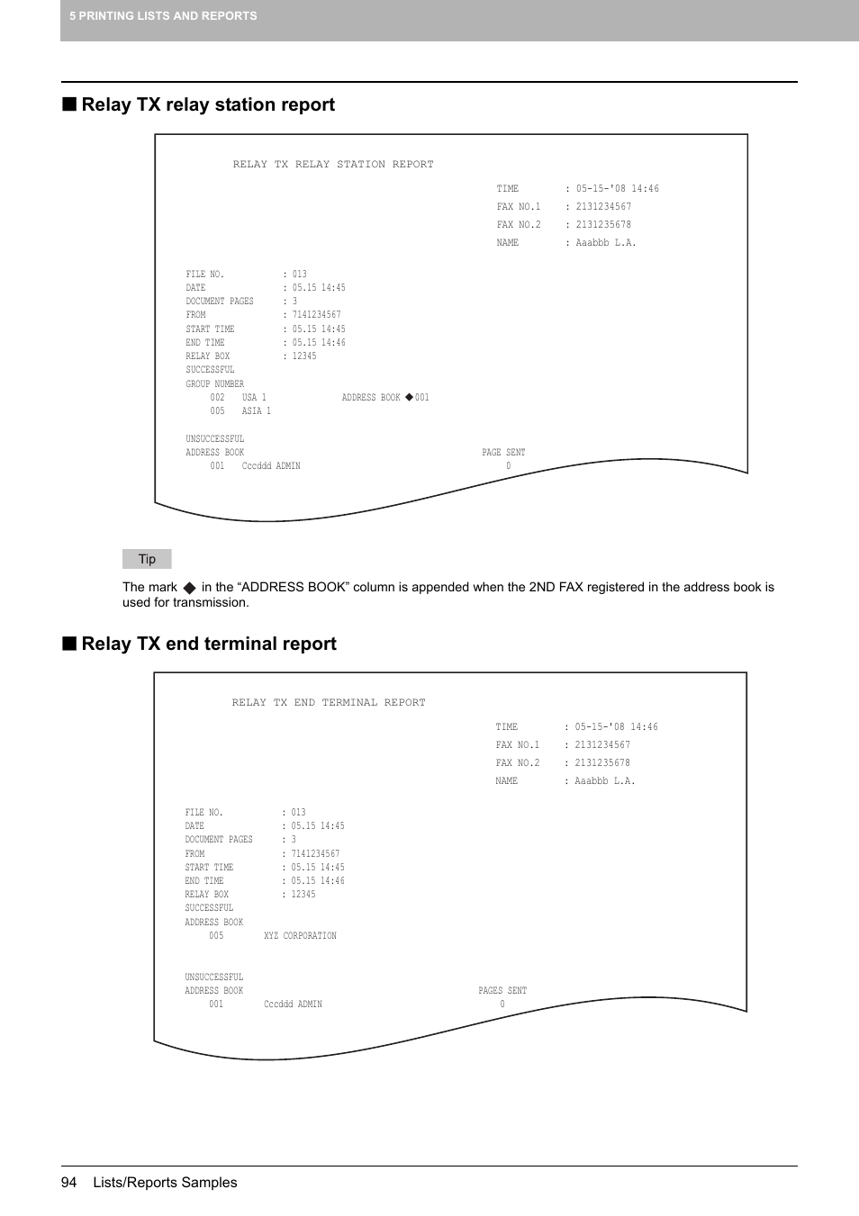 Relay tx relay station report, Relay tx end terminal report | Toshiba GD-1250 User Manual | Page 96 / 120