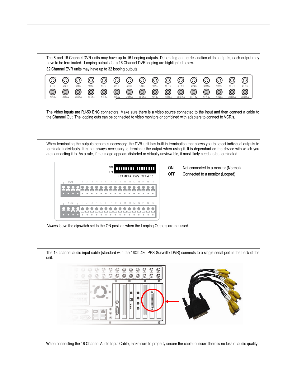Looping outputs, Looping output termination, Connecting a 16 channel audio input cable | Toshiba SURVEILLIX DVR16-X User Manual | Page 34 / 45