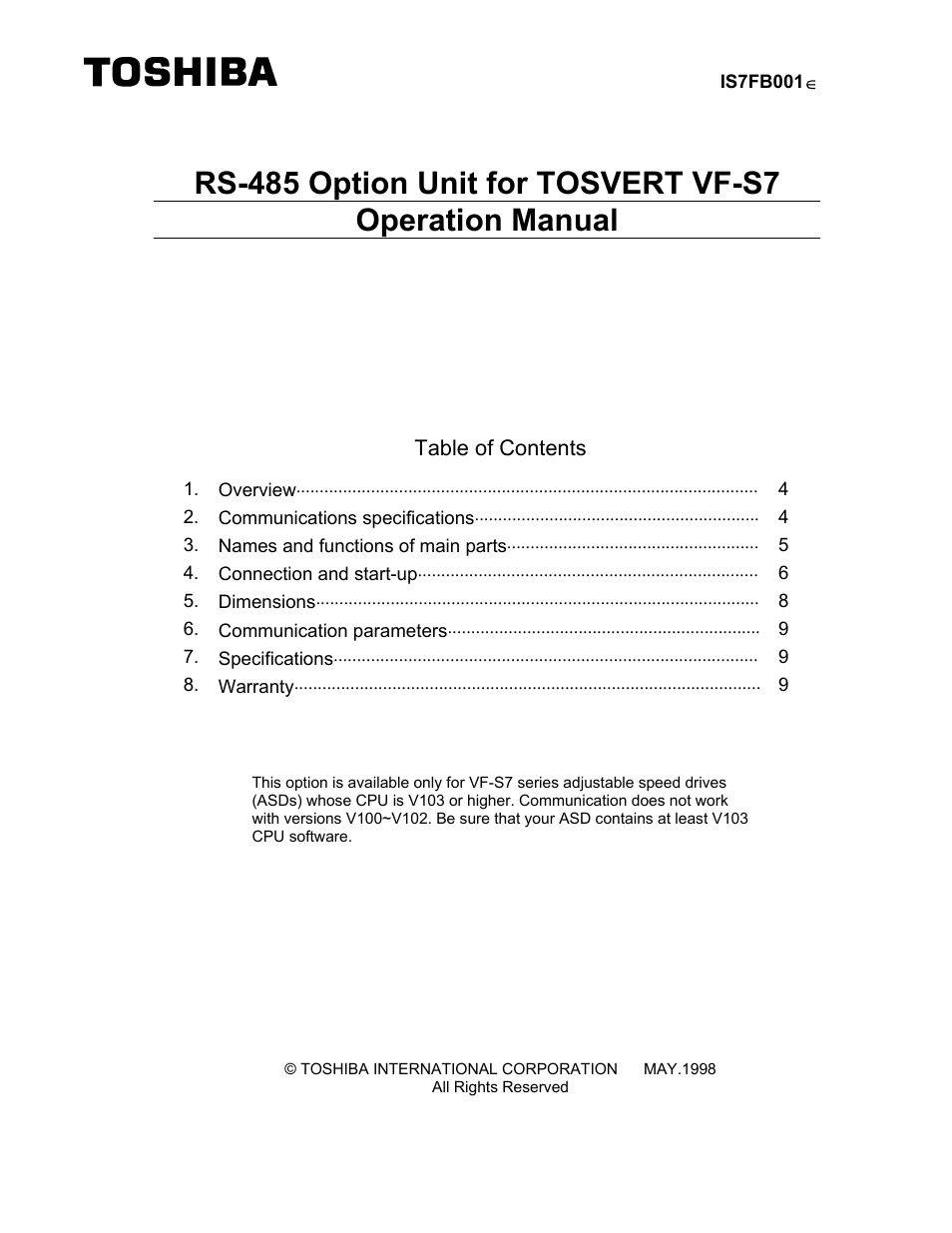 Toshiba RS-485 User Manual | 10 pages