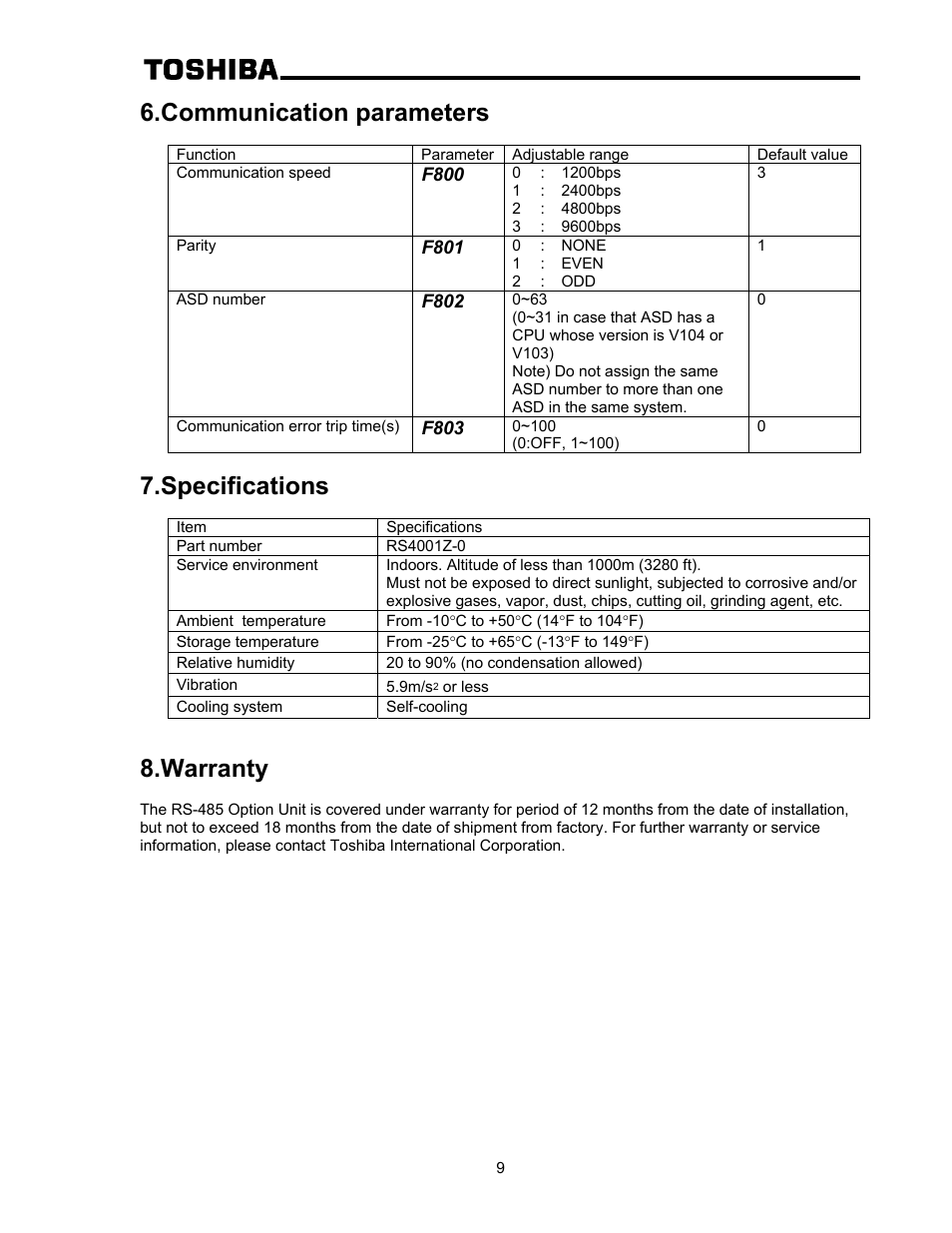Communication parameters, Specifications, Warranty | Toshiba RS-485 User Manual | Page 10 / 10