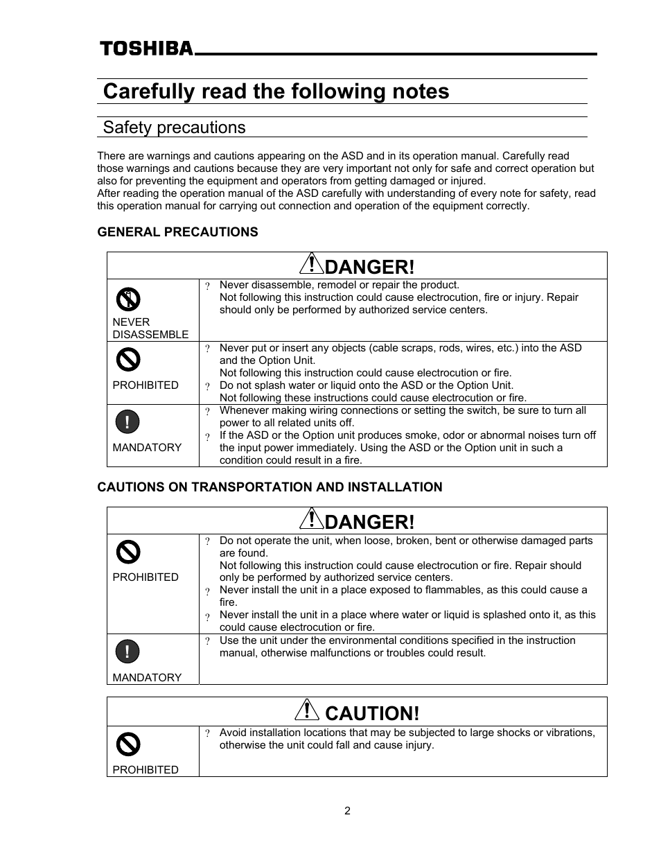 Danger, Caution, Safety precautions | Toshiba RS-485 User Manual | Page 3 / 10