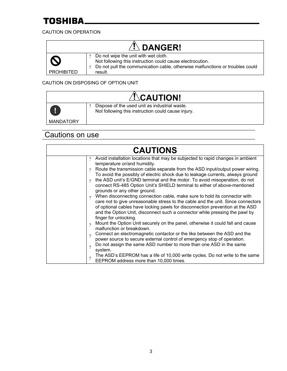 Danger, Caution, Cautions | Cautions on use | Toshiba RS-485 User Manual | Page 4 / 10