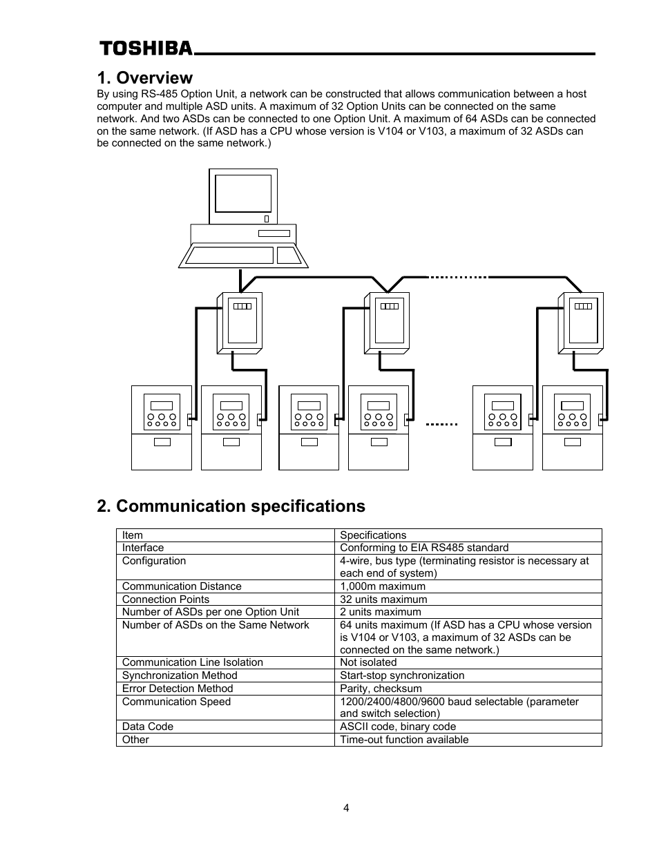 Overview, Communication specifications | Toshiba RS-485 User Manual | Page 5 / 10