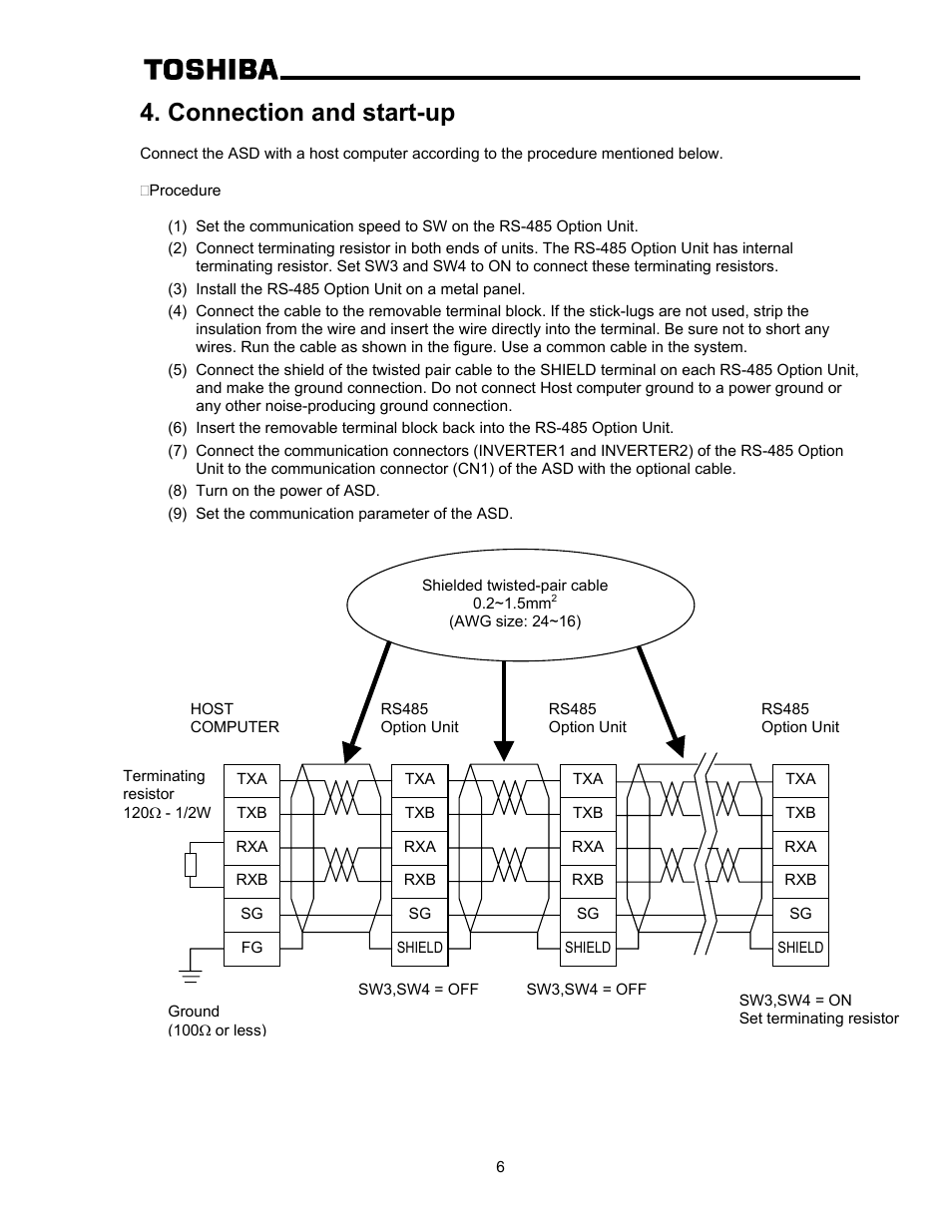 Connection and start-up | Toshiba RS-485 User Manual | Page 7 / 10