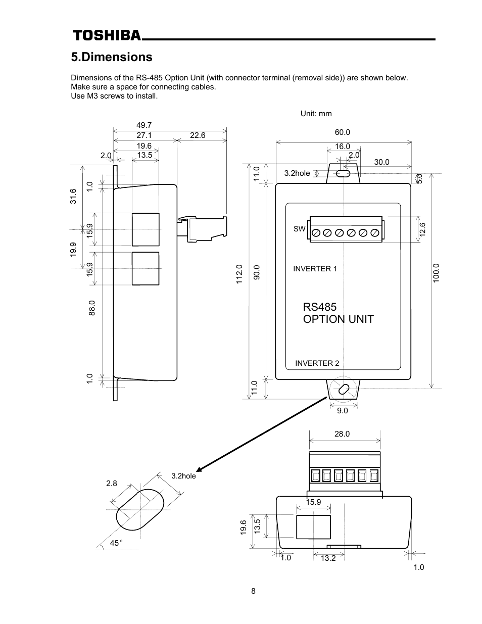 Dimensions, Rs485 option unit | Toshiba RS-485 User Manual | Page 9 / 10