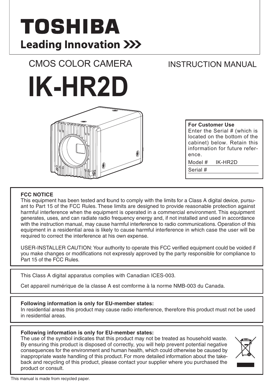 Toshiba IK-HR2D User Manual | 30 pages