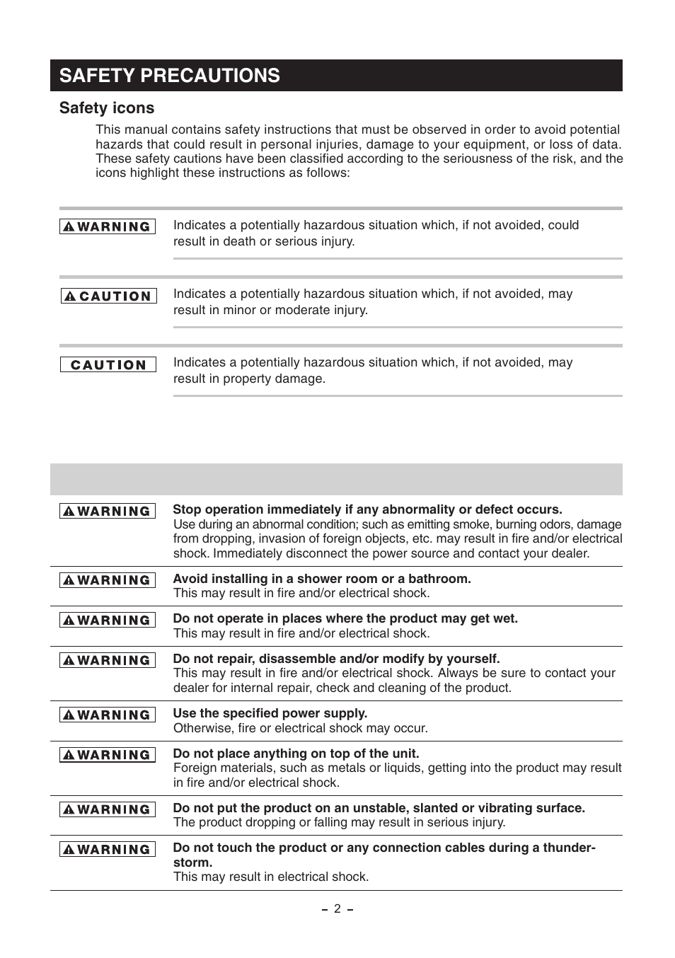 Safety precautions, Safety icons | Toshiba IK-HR2D User Manual | Page 2 / 30